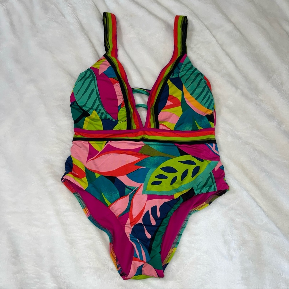 Trina Turk  Women's Standard Rainforest Plunge Hi Leg One Piece, Multi, Size 10 - Picture 3 of 16